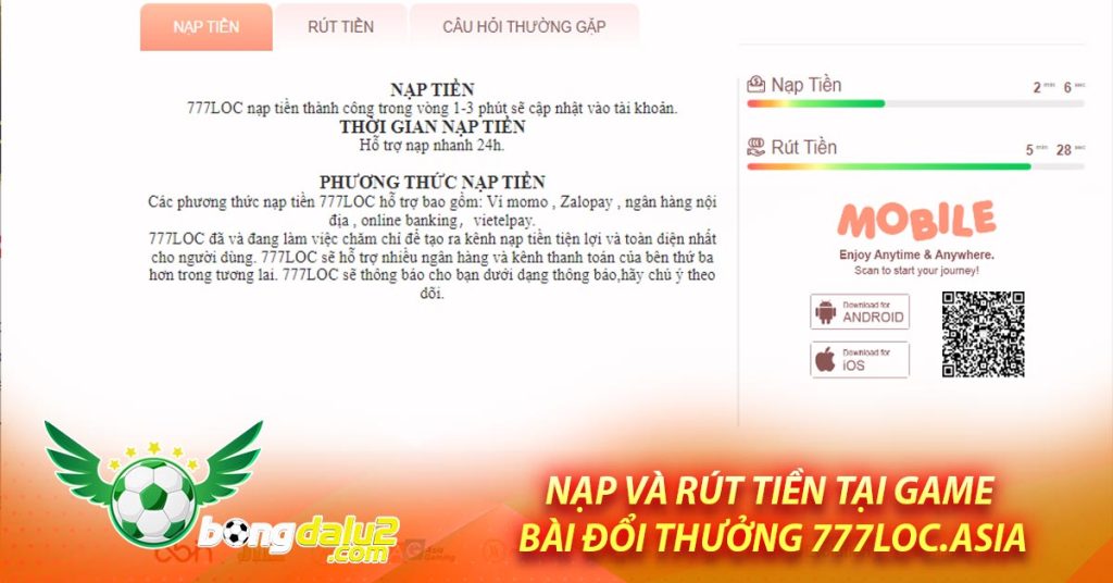 Nạp và rút tiền tại Game Bài Đổi Thưởng 777Loc.asia